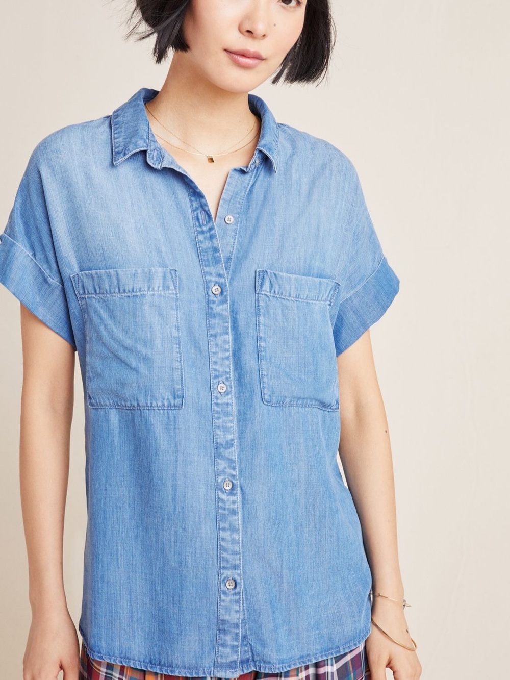 Anthropologie Cloth & Stone Joanie Chambray Denim Buttondown Womens Size Small